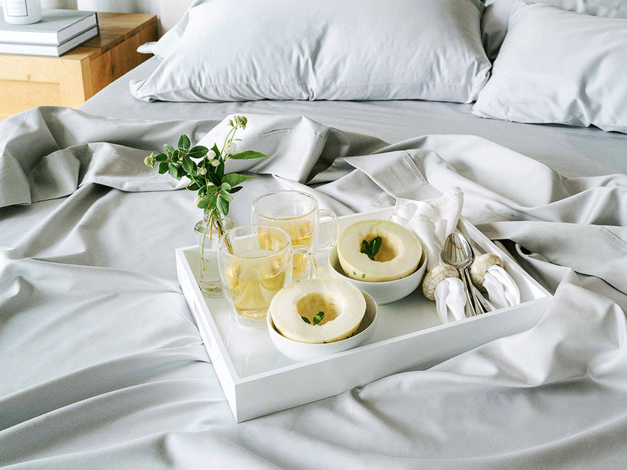 bed with food tray